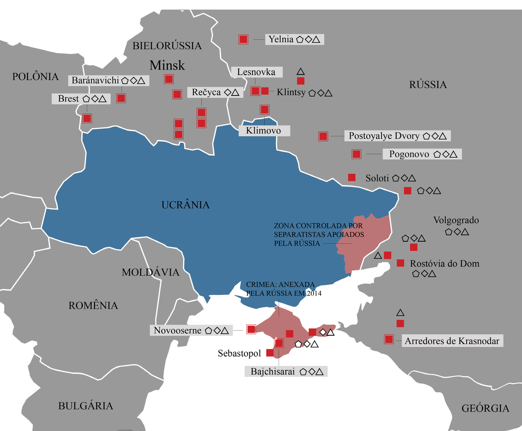 Figura 5 – Presença militar russa na fronteira com a Ucrânia antes do conflito. Fonte: Desenho gráfico adaptado do mapa publicado pela CNN Español (2022), baseado nas informações obtidas em 28 de janeiro de 2022.